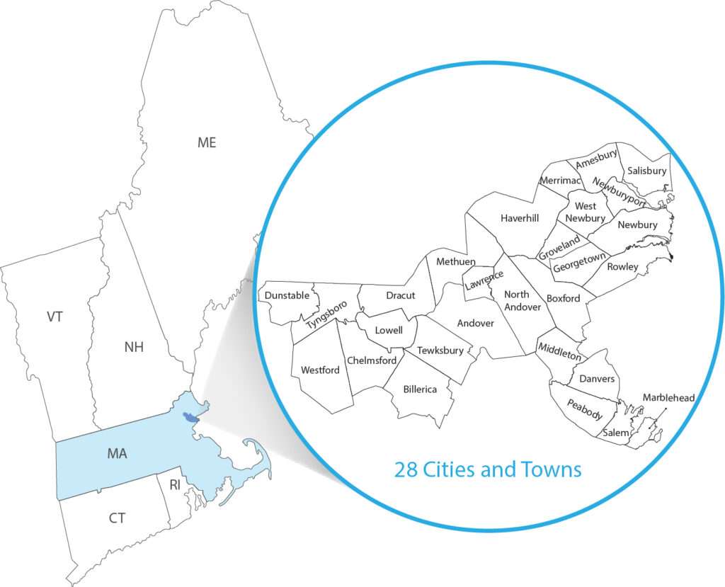 service area map with 28 cities and towns