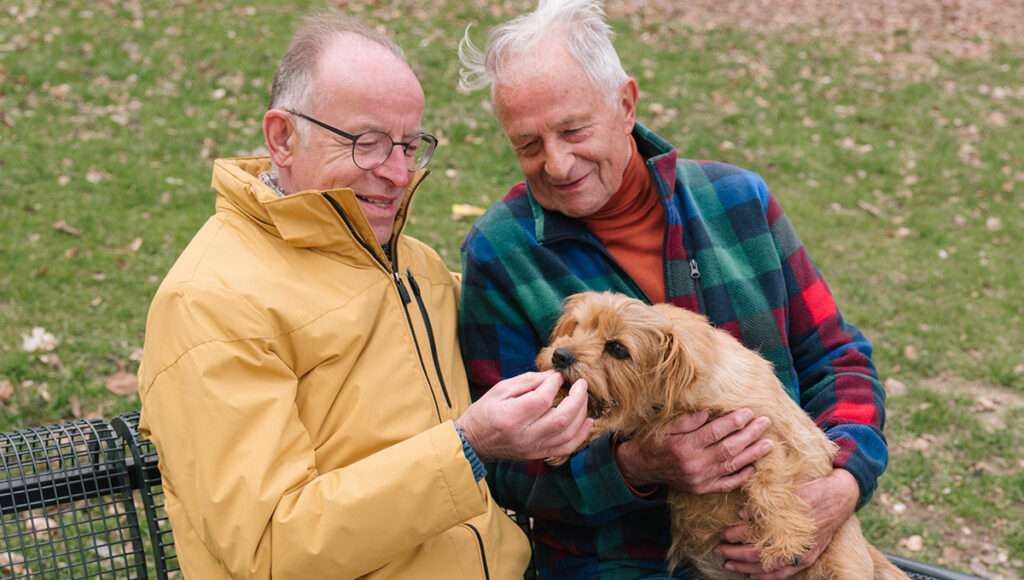 Two men on a park bench with their dog